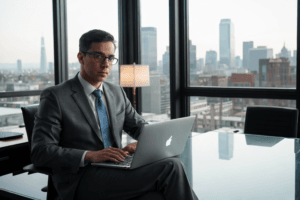 financial advisor in suit discussing economic recovery strategies in modern office with glass walls and laptop displaying graphs