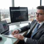 financial advisor in suit discussing central bank inflation on laptop in modern office with glass walls