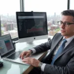 financial advisor in suit discussing central bank inflation on laptop in modern office with glass walls