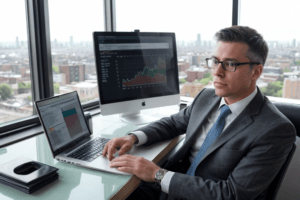 financial advisor in suit discussing central bank inflation on laptop in modern office with glass walls