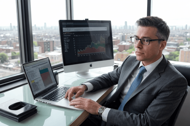 financial advisor in suit discussing central bank inflation on laptop in modern office with glass walls