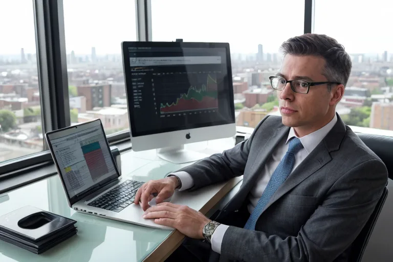 financial advisor in suit discussing central bank inflation on laptop in modern office with glass walls