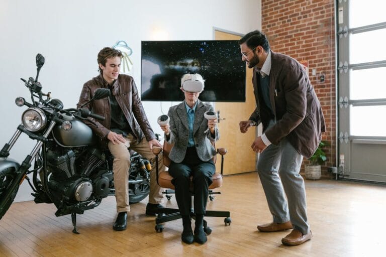 User immersed in VR headset exploring a fintech app interface, demonstrating VR marketing fintech innovation.