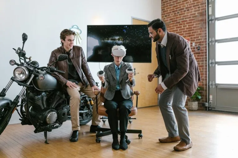 User immersed in VR headset exploring a fintech app interface, demonstrating VR marketing fintech innovation.