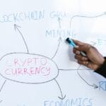 A laptop displays crypto trading charts and neural network nodes, showing machine learning crypto trading.