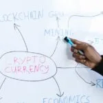 A laptop displays crypto trading charts and neural network nodes, showing machine learning crypto trading.