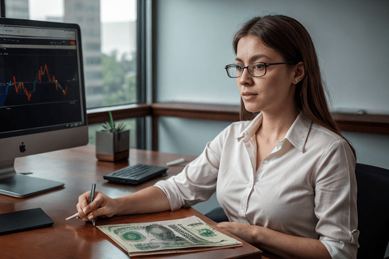 A financial advisor points to a declining graph as rising prices visually shrink a pile of cash, showing how inflation erodes savings in 2026.
