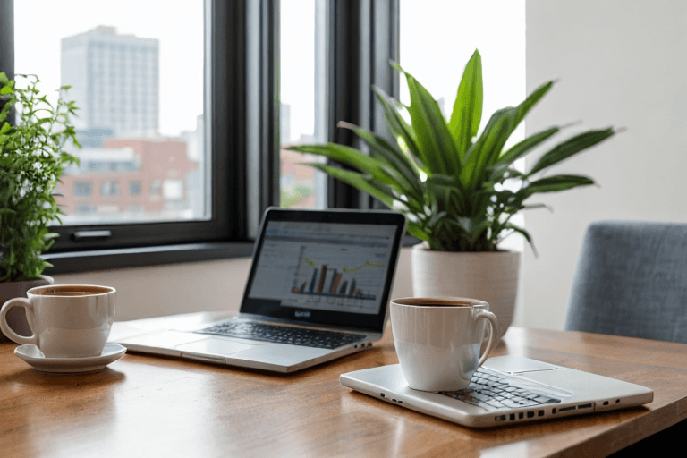 financial advisor in home office on a warm afternoon, analyzing remote work savings on laptop