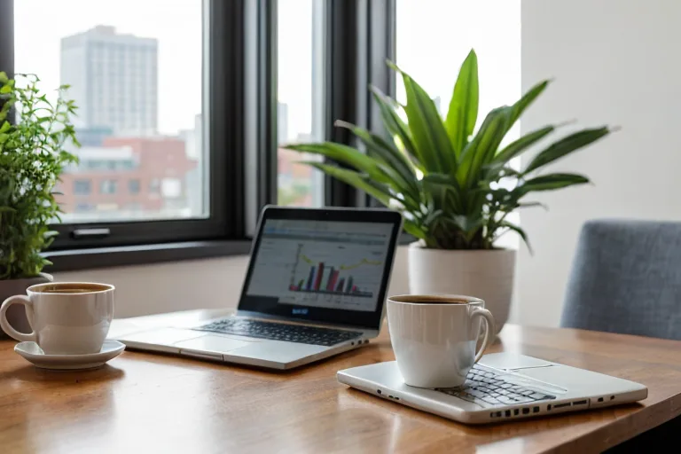 financial advisor in home office on a warm afternoon, analyzing remote work savings on laptop