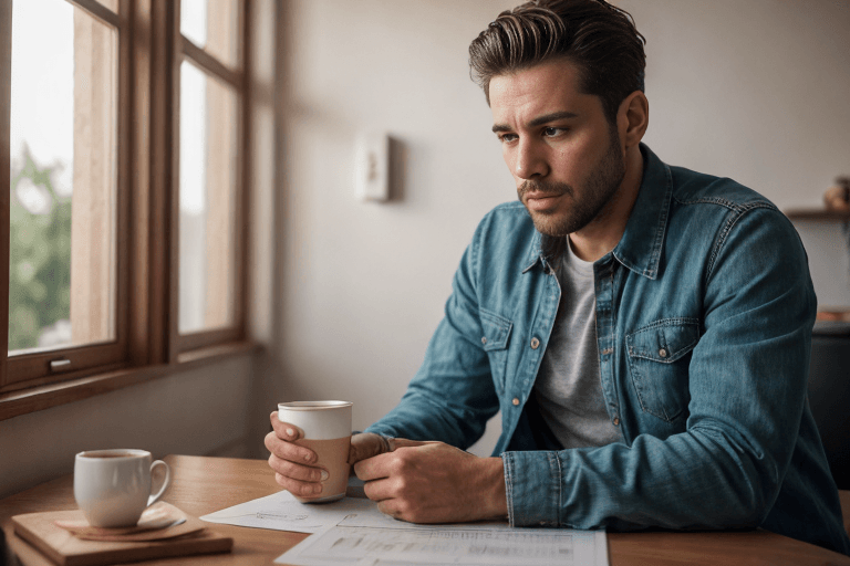 A man in a dim kitchen stares at a bank statement beside a coffee cup, as a 2026 calendar on the wall shows how inflation erodes savings.