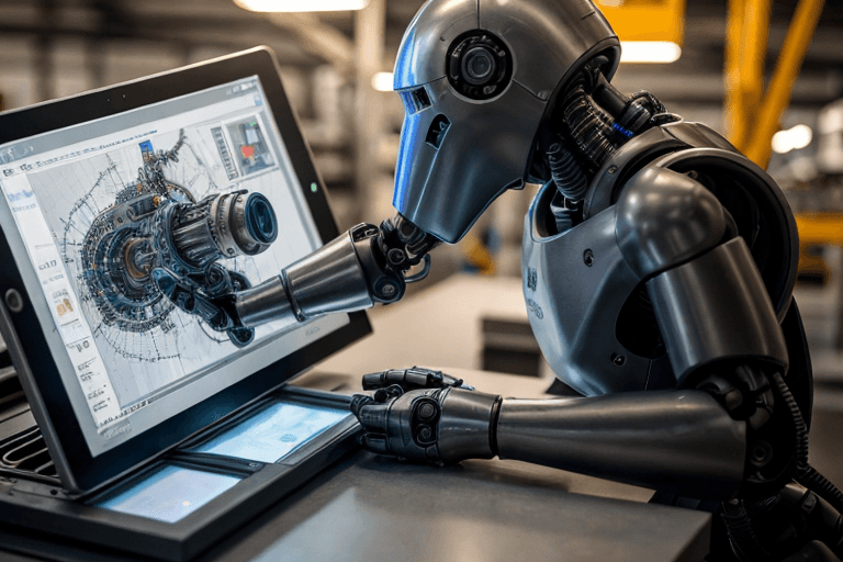Robot arm and engineer with tablet show automation job polarization in bright factory