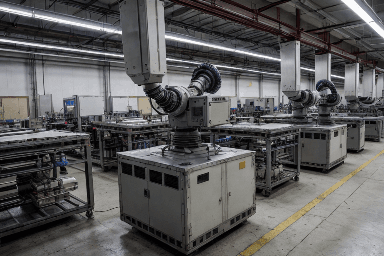 Abandoned assembly line with idle robot arms under harsh lights, a single security guard, automation job polarization.