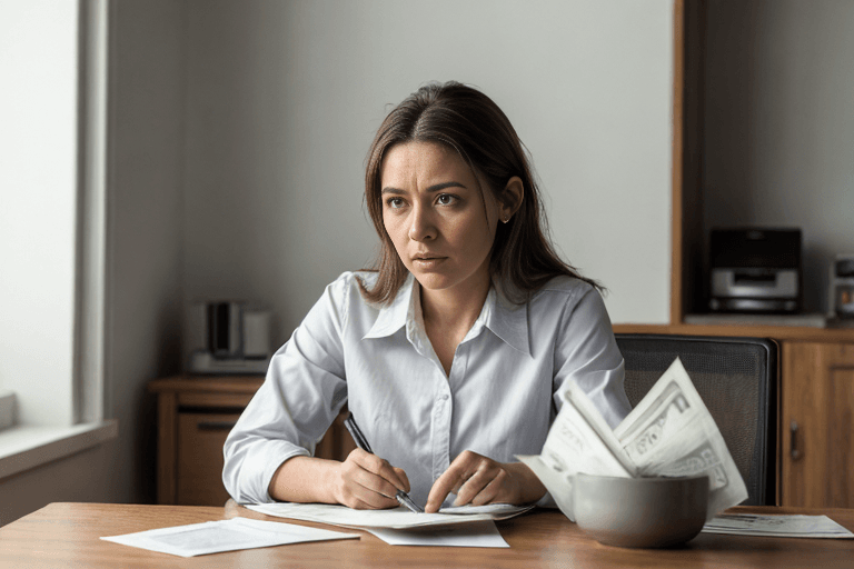 A frustrated office worker watches a shrinking stack of bills on a worn kitchen table as inflation erodes savings in dim evening light.