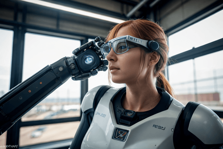 Skilled technician with AR glasses alongside collaborative robot arm illustrating automation job polarization in modern factories.
